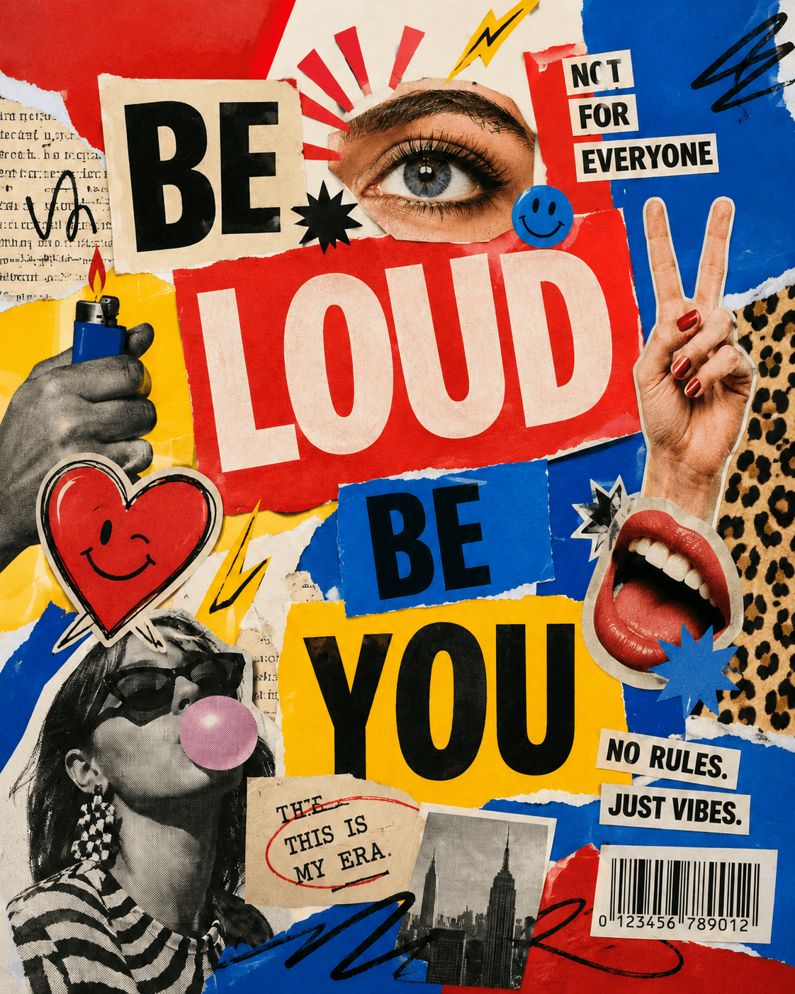 BE LOUD BE YOU bold red blue and yellow pop collage poster