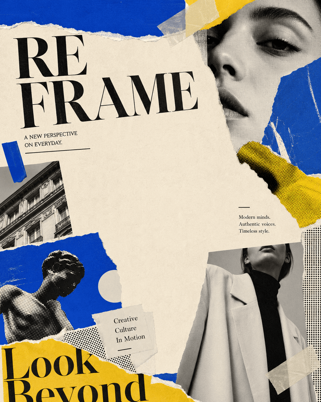 REFRAME editorial collage in paper, cobalt, yellow, and monochrome photography