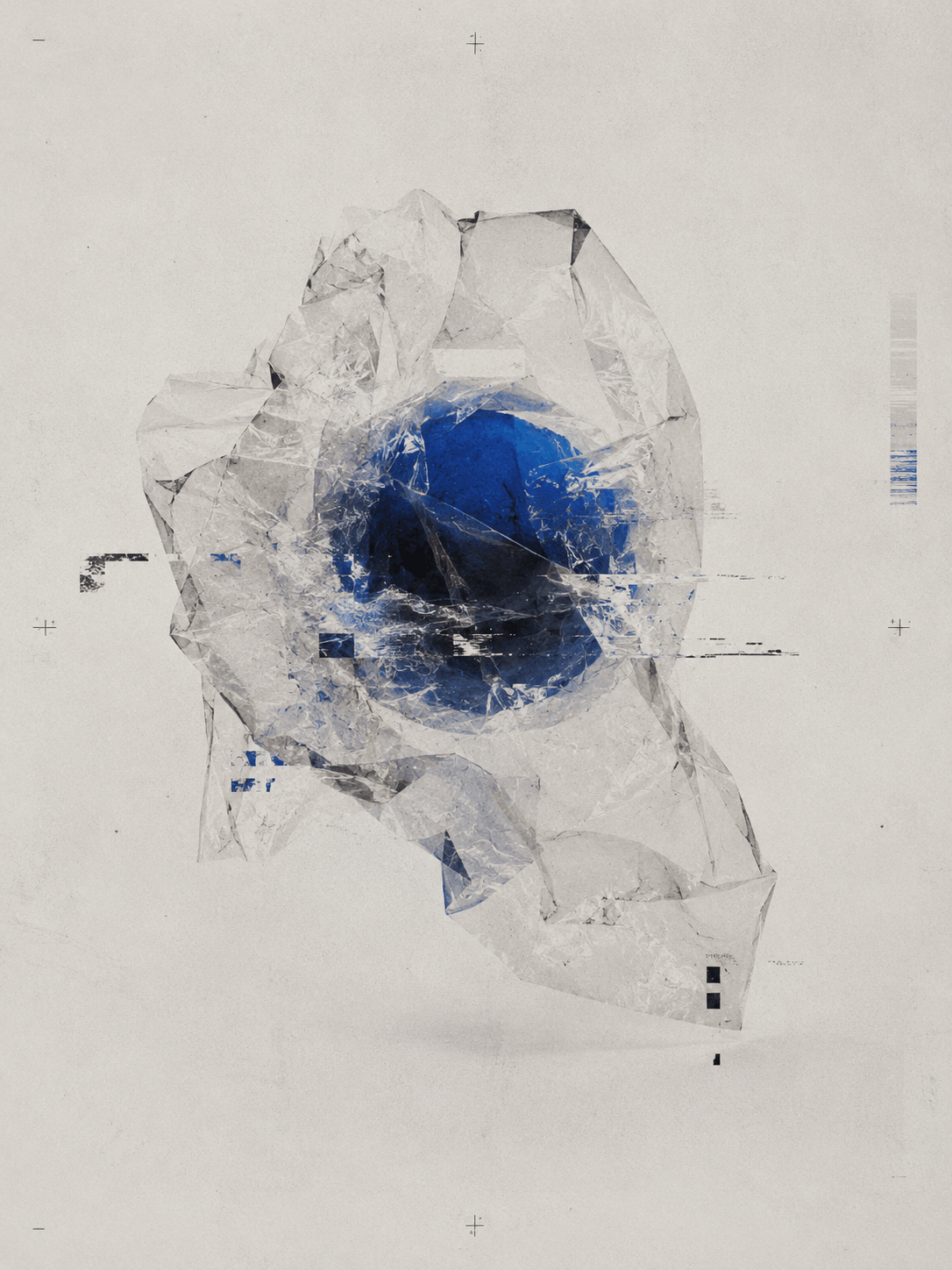 BLUE VEIL Material / Poster portfolio artwork: A quiet material poster built from translucent folds, blue density, and damaged print texture.
