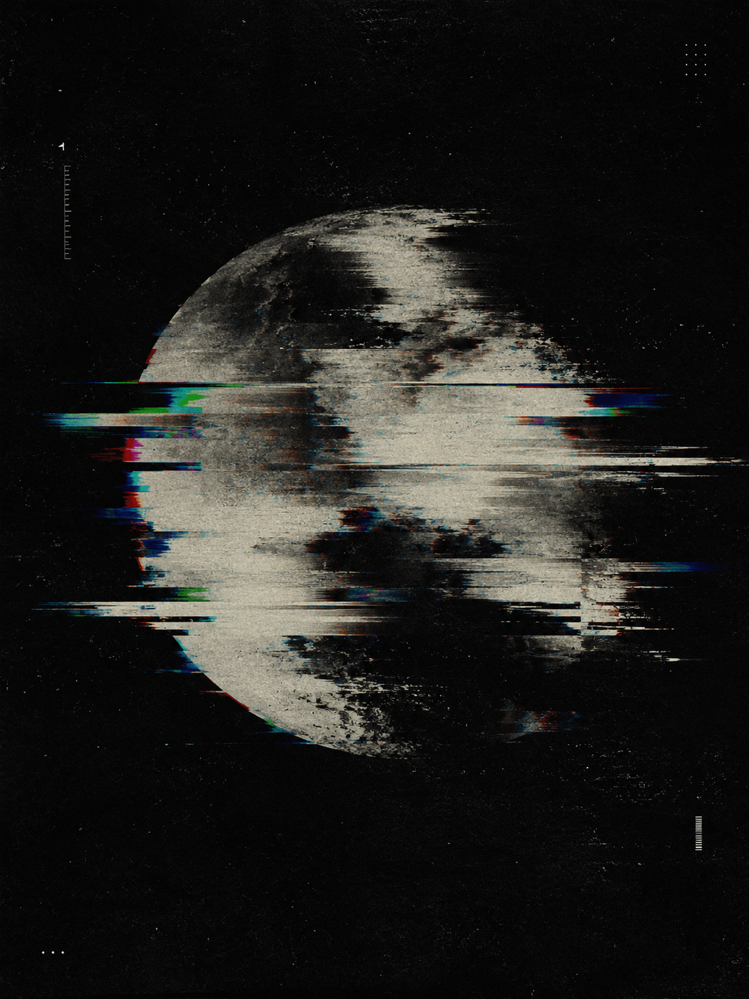 LUNAR NOISE Texture / Poster portfolio artwork: A dark poster study built from moon texture, signal damage, and minimal technical marks.