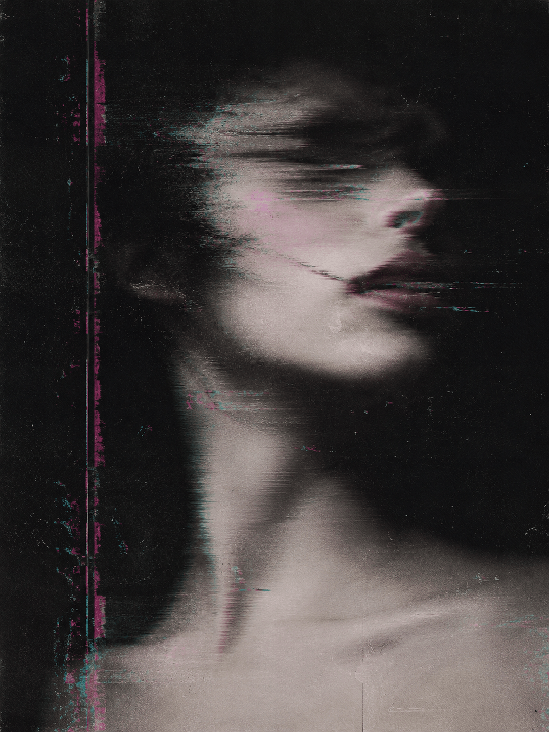 STATIC PORTRAIT Portrait / Glitch portfolio artwork: A distorted portrait study using scan drag, RGB noise, and dark negative space.