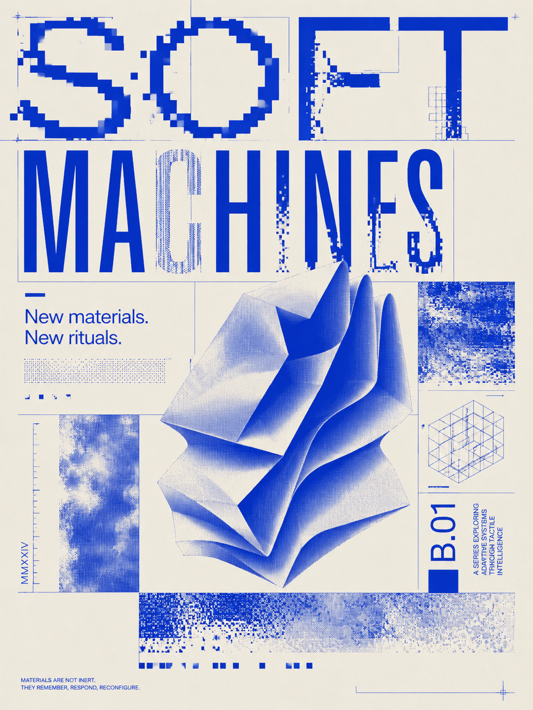 SOFT MACHINES Research / Poster portfolio artwork: A poster system for folded material, rigid type, and scan texture.