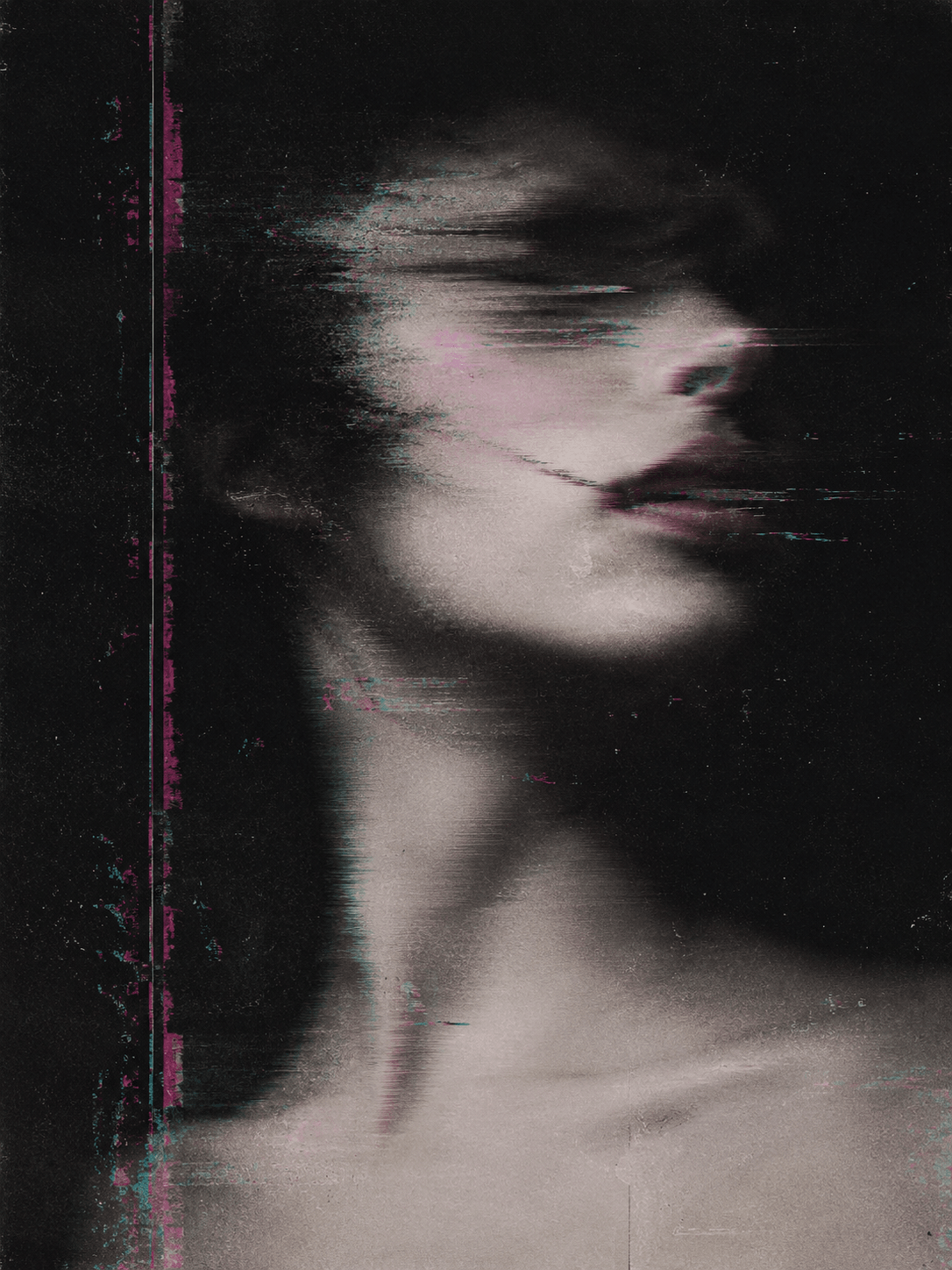 STATIC PORTRAIT Portrait / Glitch portfolio artwork: A distorted portrait study using scan drag, RGB noise, and dark negative space.